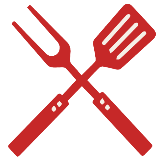 Red crossed fork and spatula icon on a white background.