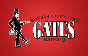Top-hatted waiter with platter next to 'Gates Bar-B-Q' text on red background.