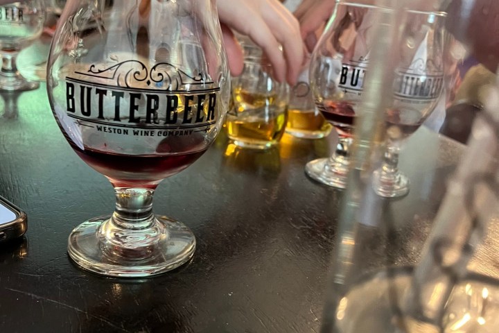 People sitting at a table with glasses of Butterbeer and drinks.