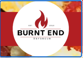 Burnt End Barbecue logo with a flame icon and red banner.