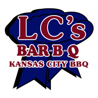 Logo with text 'LC's BAR-B-Q' and 'KANSAS CITY BBQ' on a blue ribbon silhouette.