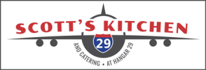 Logo with 'Scott's Kitchen' on a plane silhouette and I-29 sign.