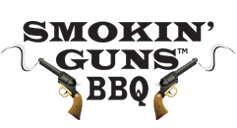 Text 'Smokin' Guns BBQ' with two crossed pistols and smoke trails.