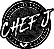 Logo with 'Chef J' and 'Kansas City Craft BBQ Catering' on a swirl background.