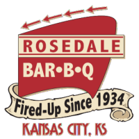 Rosedale Bar-B-Q logo with 'Fired-Up Since 1934' and 'Kansas City, KS' text below.