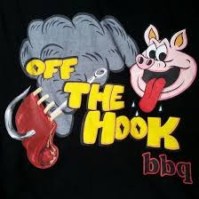Cartoon pig and meat with 'Off the Hook BBQ' text and smoke.