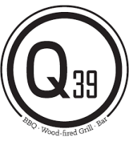 Q39 logo with circular design and text: BBQ, Wood-fired Grill, Bar