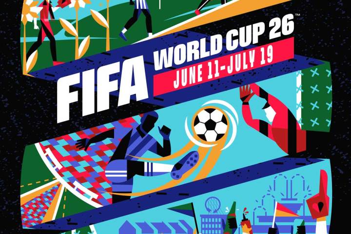 Colorful FIFA World Cup 2026 poster with players, soccer balls, and event dates, June 11-July 19, Kansas City.