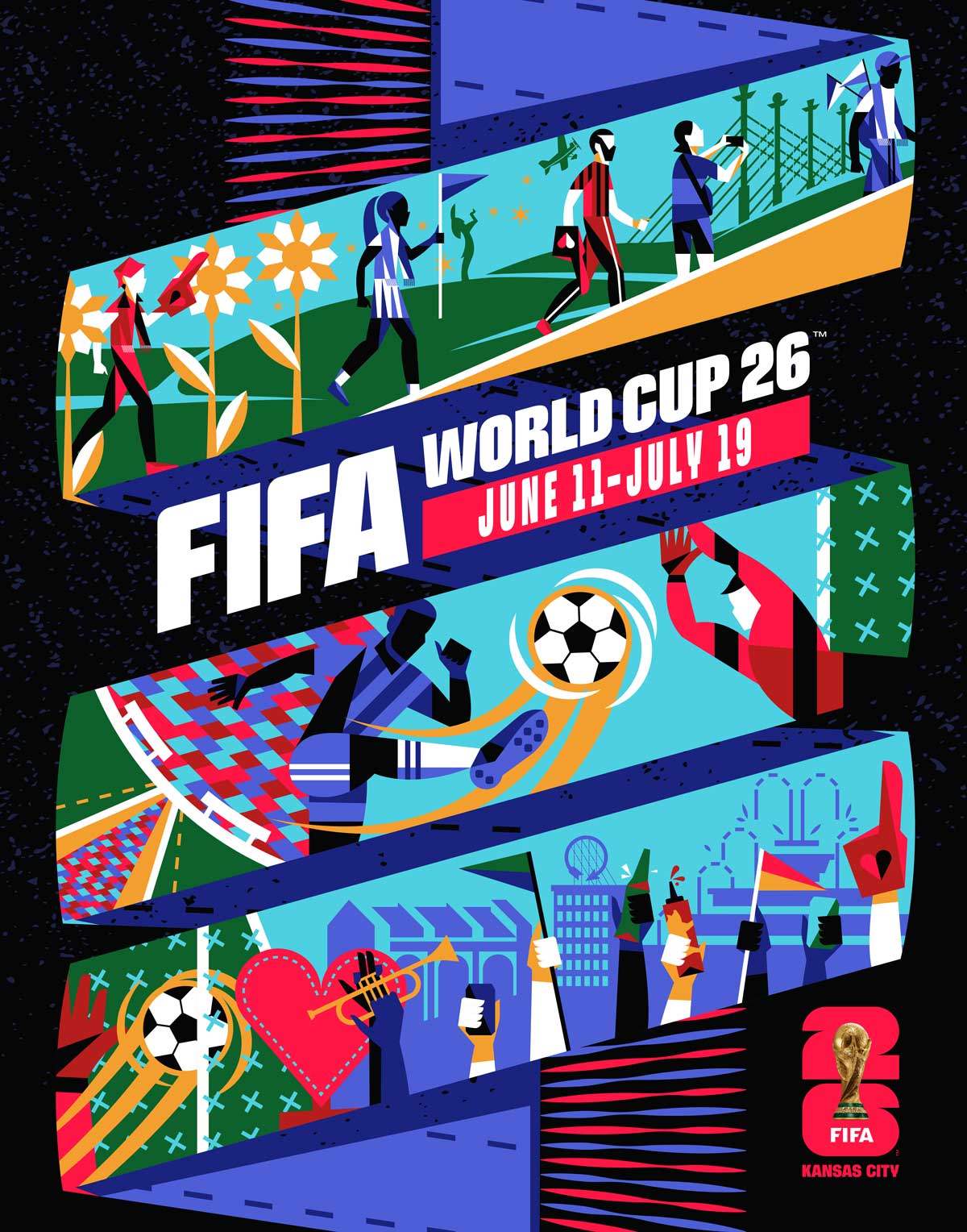 Colorful FIFA World Cup 2026 poster with players, soccer balls, and event dates, June 11-July 19, Kansas City.